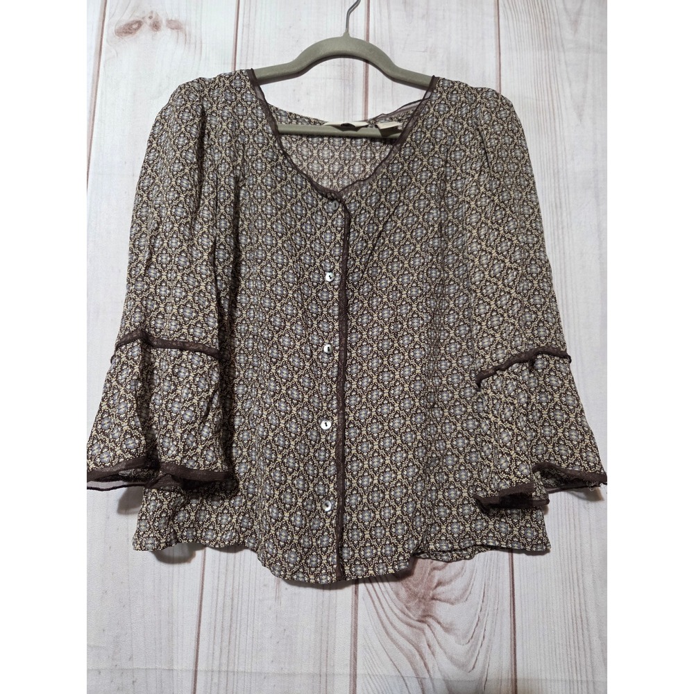 J.‎ Jill Brown Blue Floral Chiffon Button Front Bell Sleeve Blouse Womens Medium